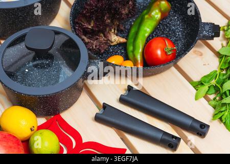 Modern Kitchen Scene. Contemporary Culinary Setting Featuring Fresh Produce And Cookware Stock Photo