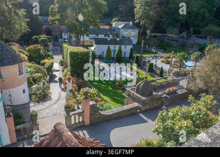 Colourful Italianate buildings and landscaped gardens in Portmeirion, Wales, viewed from above on a bright day Stock Photo