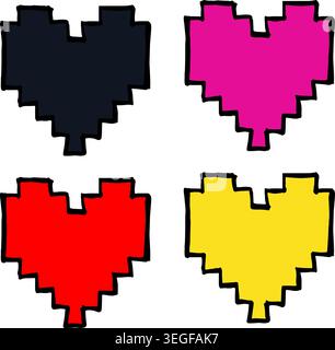 Yellow, pink, black, and red hearts with a black outline on a white background, drawn by grids for Valentine's cards, game interfaces, stickers, and l Stock Vector