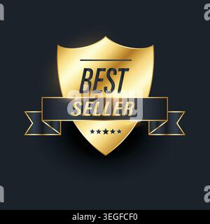 Best seller shield badge with luxury golden emblem effect, premium award label and elegant promotional design. Golden bestseller shield with ribbon Stock Vector