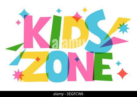 Kids Zone lettering in bright playful style. Vector illustration. Design elements for children playground, amusement park, birthday room banner, poste Stock Vector