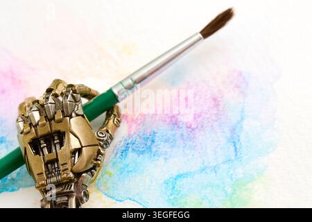 Robot hand holding paintbrush creating watercolor art Stock Photo