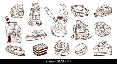 Sketch bakery doodle icons isolated on white background. Vector illustrations of fresh Turkish coffee in pot, pancakes and toasts with avocado, whimsical hand drawn design elements for breakfast Stock Vector