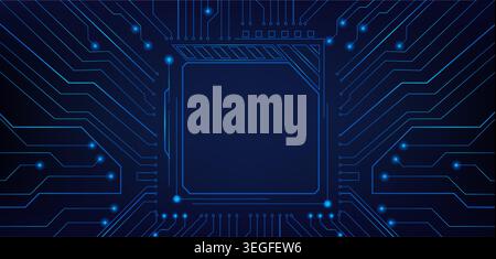 Hi tech circuit board frame with glowing blue lines and futuristic digital patterns, vector realistic illustration. High tech abstract electronic backdrop with square border and neon light Stock Vector