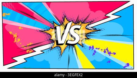 Dynamic comic book versus background with vibrant blue red design and cloud. Abstract vector illustration, retro halftone explosion banner for battle scenes, super hero vs poster with paint splatter Stock Vector