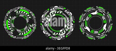 Futuristic round hud interface with circular tech elements and glowing target frames, isolated vector illustration. Abstract icons for cyber game design and sci-fi digital displays Stock Vector
