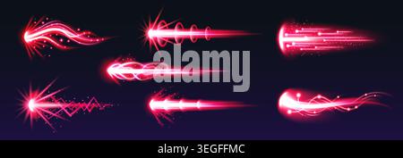 Cartoon fire blast effect with energy trails and glowing beams, isolated vector illustrations on black. Game gun effect UI design elements, comic style laser weapon with dynamic action, vibrant color Stock Vector