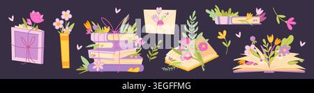 Book stack with flowers cartoon vector illustration isolated on purple background. Magic glowing books, tied with string or cord and with bouquet, summer or spring night or evening reading elements Stock Vector