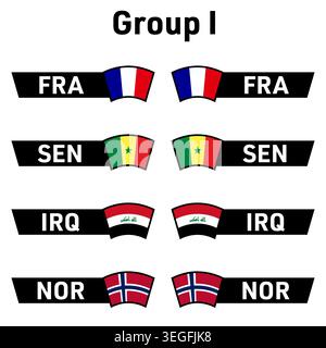 National flags and country codes participating teams in group I France, Senegal, Iraq, Norway ready-to-use for 2026 world football soccer final tourna Stock Vector