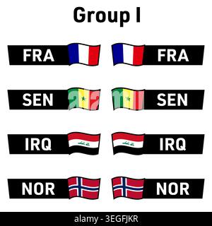 National flags and country codes participating teams in group I France, Senegal, Iraq, Norway ready-to-use for 2026 world football soccer final tourna Stock Vector