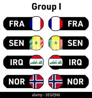 National flags and country codes participating teams in group I France, Senegal, Iraq, Norway ready-to-use for 2026 world football soccer final tourna Stock Vector