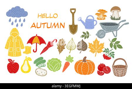 Set of autumn items . Hand drawn. Not AI, vector illustration. Stock Vector