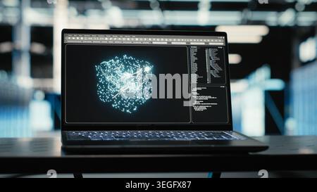 AI machine learning LLM in data center on laptop used to troubleshoot issues. Neural network artificial intelligence computerized model on notebook in empty server hub used to analyze system logs Stock Photo