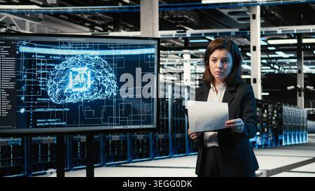 Optimizing equipment rigs, artificial intelligence and smiling portrait of engineer in data center. Adjusting system parameters, AI machine learning tech and happy worker in server hub Stock Photo