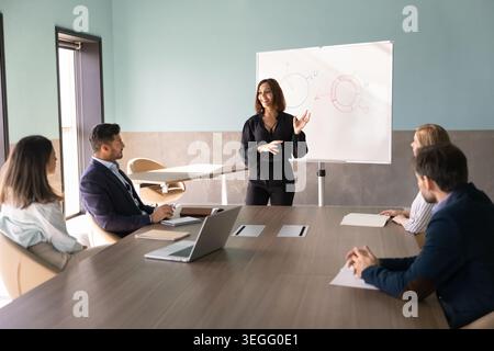 Diverse businesspeople listening to presenter at corporate meeting Stock Photo