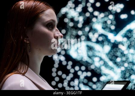 Close up of researcher modifying artificial intelligence network structure neuron interactions. Female scientist in tech startup analyzing AI agent algorithm parameters visualization Stock Photo