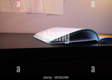 Open notebook with white blank pages lying on office desk Stock Photo