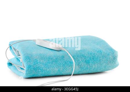 Blue electric heating pad on white background Stock Photo