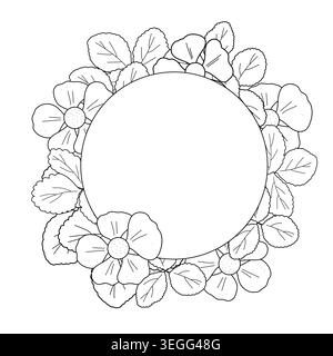 Black and white line art frame with circular floral border, flowers and foliage, cute vector illustration for kids' coloring pages, printable wedding invitations, and copy space invitation templates Stock Vector