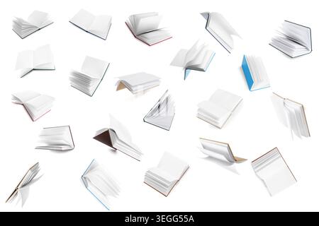 Many flying books on white background Stock Photo