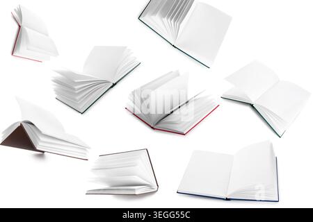 Many flying books on white background Stock Photo