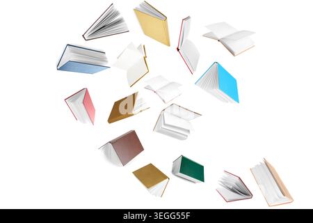 Many flying books on white background Stock Photo