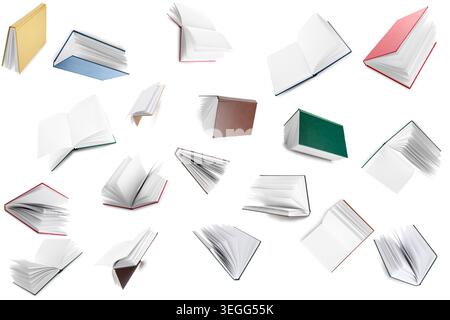 Many flying books on white background Stock Photo
