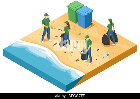 Isometric beach cleanup scene with volunteers collecting litter near recycling bins and shoreline. Environmental care, waste sorting, community action Stock Vector