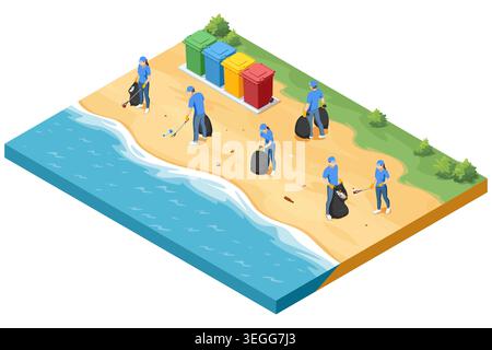 Isometric beach cleanup with volunteers in blue uniform collecting litter near colored recycle bins. Coastal sanitation, ecology, waste sorting and Stock Vector