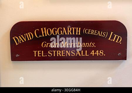 Historic grain merchant name boards for David C. Hoggarth Cereals Ltd, Strensall inside Leeds Corn Exchange, Leeds, England, UK. Stock Photo