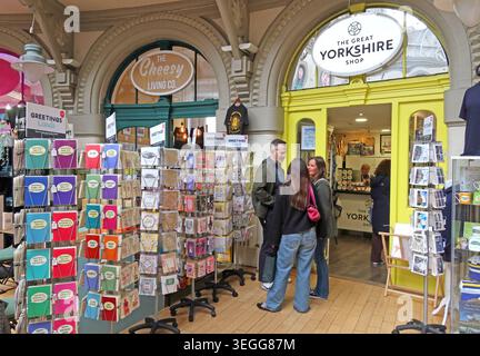 The Great Yorkshire Shop inside Leeds historic Corn Exchange, selling Yorkshire gifts, cards and souvenirs in a historic retail arcade. Stock Photo