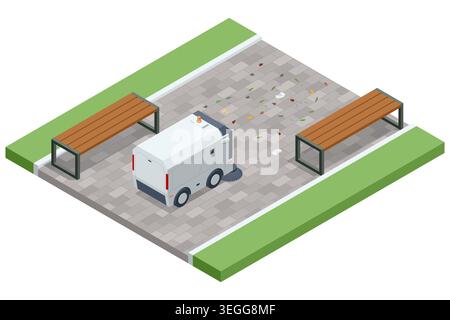 Isometric robotic street sweeper cleans leaf litter on a paved park walkway near bench, lamp and bin. Smart urban sanitation, public space maintenance Stock Vector
