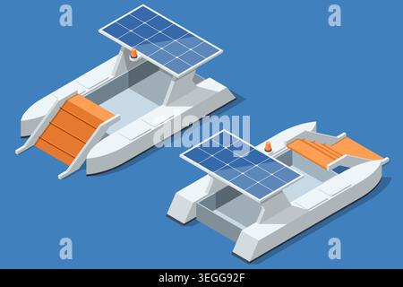 Isometric solar powered water cleanup boat shown in two views on isolated blue background. Eco robotic vessel for river or lake sanitation, floating Stock Vector
