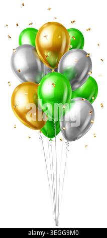 Bunch of shiny green, gold, and silver balloons with ribbons and confetti on white background, festive scene. Stock Vector