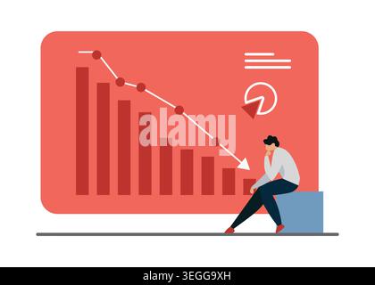 Flat vector illustration showing financial decline, falling business charts, and economic downturn concepts with a stressed businessman. Stock Vector