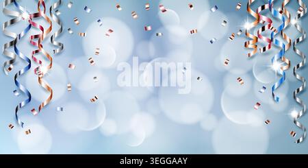 Sparkling ribbons in blue, orange, and silver float amidst confetti on a light blue background with white bokeh lights. Stock Vector