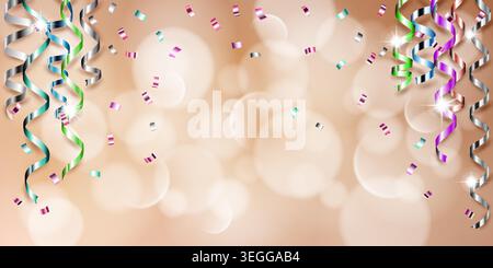 Multicolored ribbons and confetti float on a beige background with white circles and sparkles, creating a festive atmosphere. Stock Vector