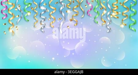 Ribbons in pink, green, gold, and silver float on a blue and purple gradient background with white dots and circles, surrounded by sparkles. Stock Vector