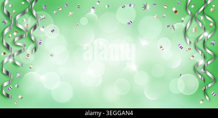 Green background with silver ribbons, confetti, and stars on wavy abstract background with bokeh lights. Stock Vector