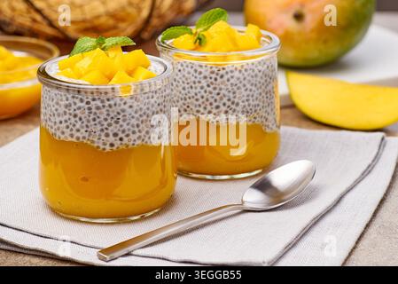 Tasty mango pudding. Beautifully crafted mango chia pudding served in jars with mint garnish on rustic table Stock Photo