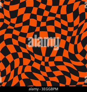 Halloween psychedelic seamless pattern background. October holiday fabric print. Halloween season wrapping paper orange and black checkered background with hypnotic and psychedelic seamless pattern Stock Vector