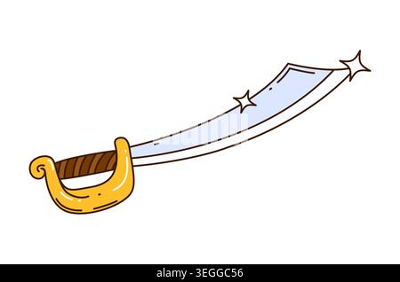 Cartoon pirate cutlass sword icon featuring long curved shiny light blue blade with sparkle glint accents. Groovy brown wrapped grip handle and golden scroll guard for pirate game UI weapon icons Stock Vector