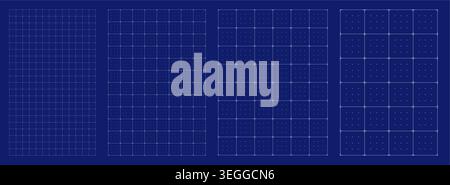 Blueprint grid set dot axis cross geometry, four scale variations. Wide medium dense micro spacing comparison, engineering layouts dashboards notebook pages interface systems technology graphics. Stock Vector