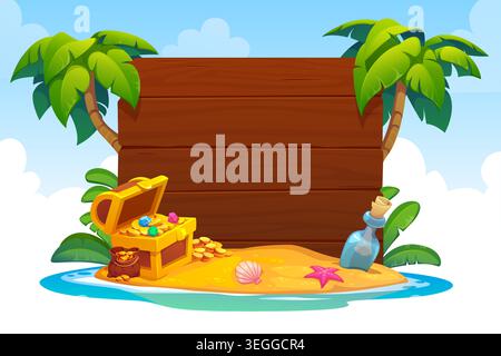 Wooden signboard with palms and pirate treasures at tropical island in ocean. Wooden signboard banner or poster for Caribbean sea adventure with pirate treasure chest, bottle with message and seashell Stock Vector