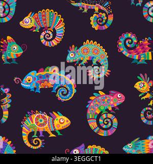 Mexican chameleon animals seamless pattern background of funny lizards. Cartoon chameleons pattern of tropical lizards with Mexican floral pattern or Latin art ornament of bright vibrant flowers Stock Vector