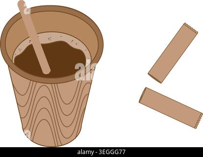 Coffee in Disposable paper cup with wavy lines pattern, stirring stick and torn sugar stick Minimal. Isolated Vector illustration sticker Icon Mood Related content media post, print or promo materials Stock Vector