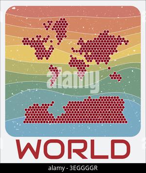 World with Antarctica vintage logo. Hexagon dots shape of the world on retro colored stripe waves background. Map design with grunge scratch texture. Stock Vector