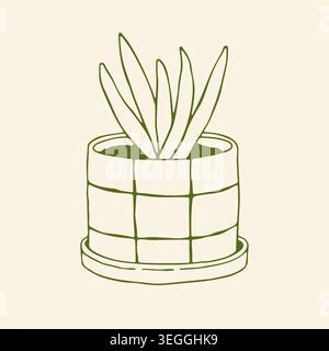 Elegant hand drawn vector sketch of an aloe vera plant in a modern grid pattern pot with a saucer. Botanical line art perfect for eco friendly Stock Vector