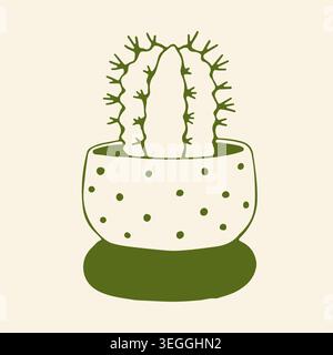 Detailed hand drawn vector illustration of a spiky desert cactus in a cute polka dot pot. Vertical line art of a prickly plant for minimalist Stock Vector