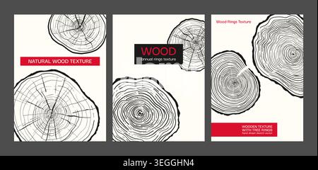 Tree trunk ring modern, art. Set of luxury backgrounds with wood annual rings texture. Template hand drawn tree ring pattern. Tree trunk in section cover or card. Wooden concentric circles background Stock Vector